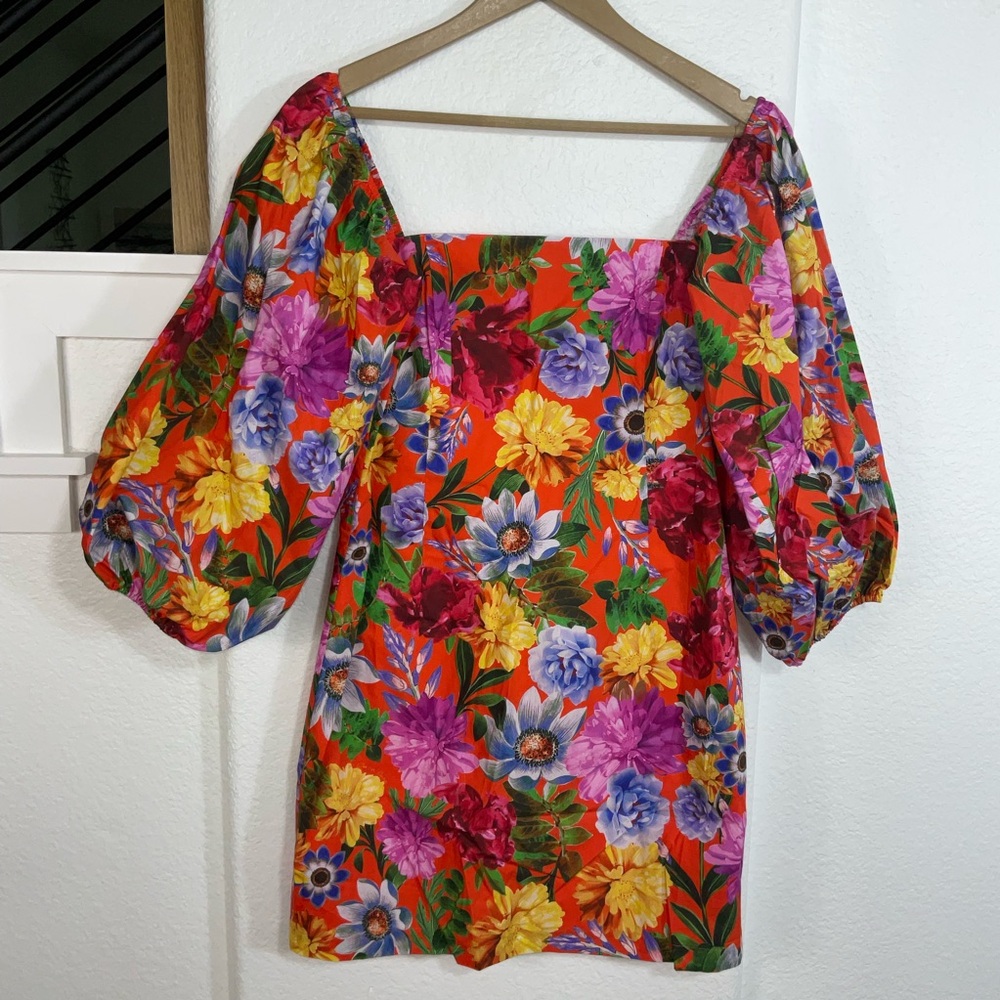 Cara Cara Orange Multicolor Floral Puff-Sleeve Mini Dress - Picture 2 of 6